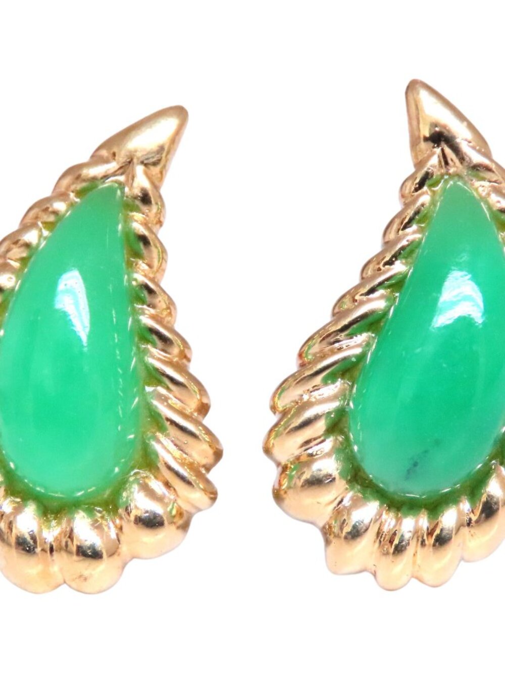Pear Shape Jadeite Fern 3D clip earrings 18kt Gold*